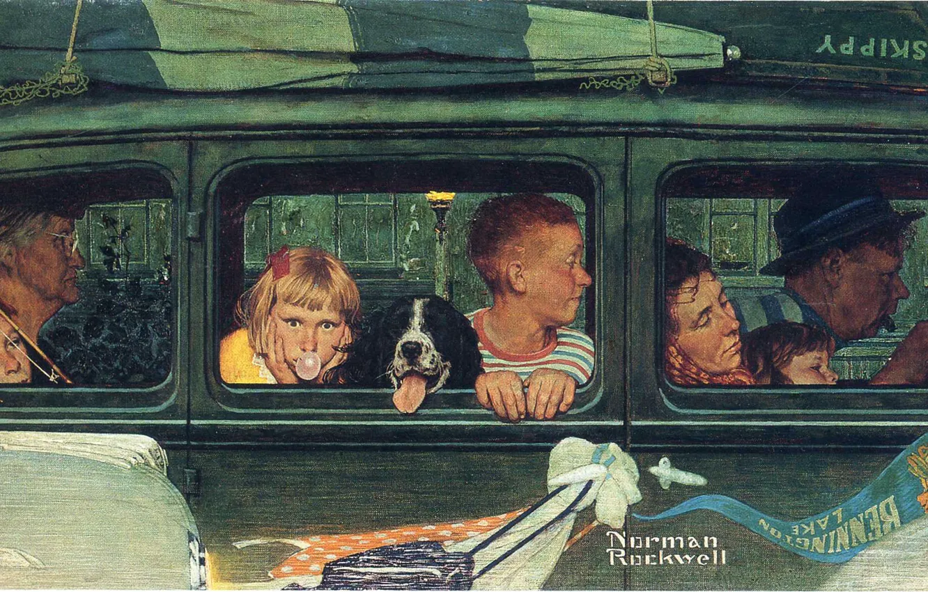 Photo wallpaper machine, boat, dog, family, trip, Norman Rockwell, Illustration