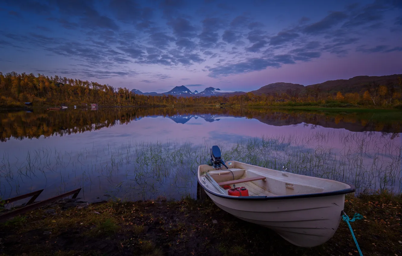 Photo wallpaper autumn, forest, mountains, lake, reflection, boat