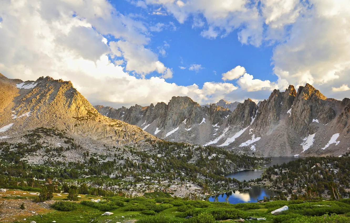 Photo wallpaper the sky, grass, clouds, snow, mountains, lake, Park, valley