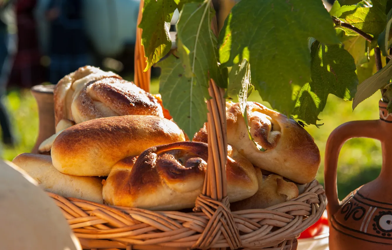 Photo wallpaper leaves, nature, pie, pitcher, basket, cakes, cakes, buns
