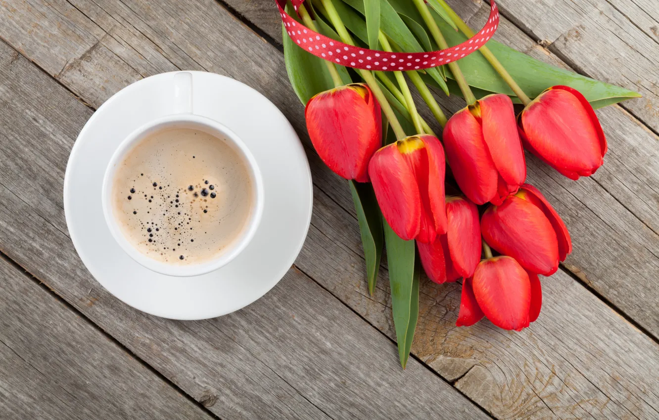 Photo wallpaper flowers, holiday, coffee, bouquet, tape, red, love, tulips