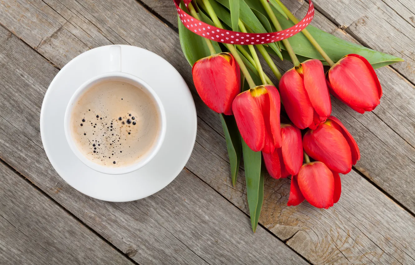 Photo wallpaper flowers, red, holiday, coffee, bouquet, tape, tulips, love