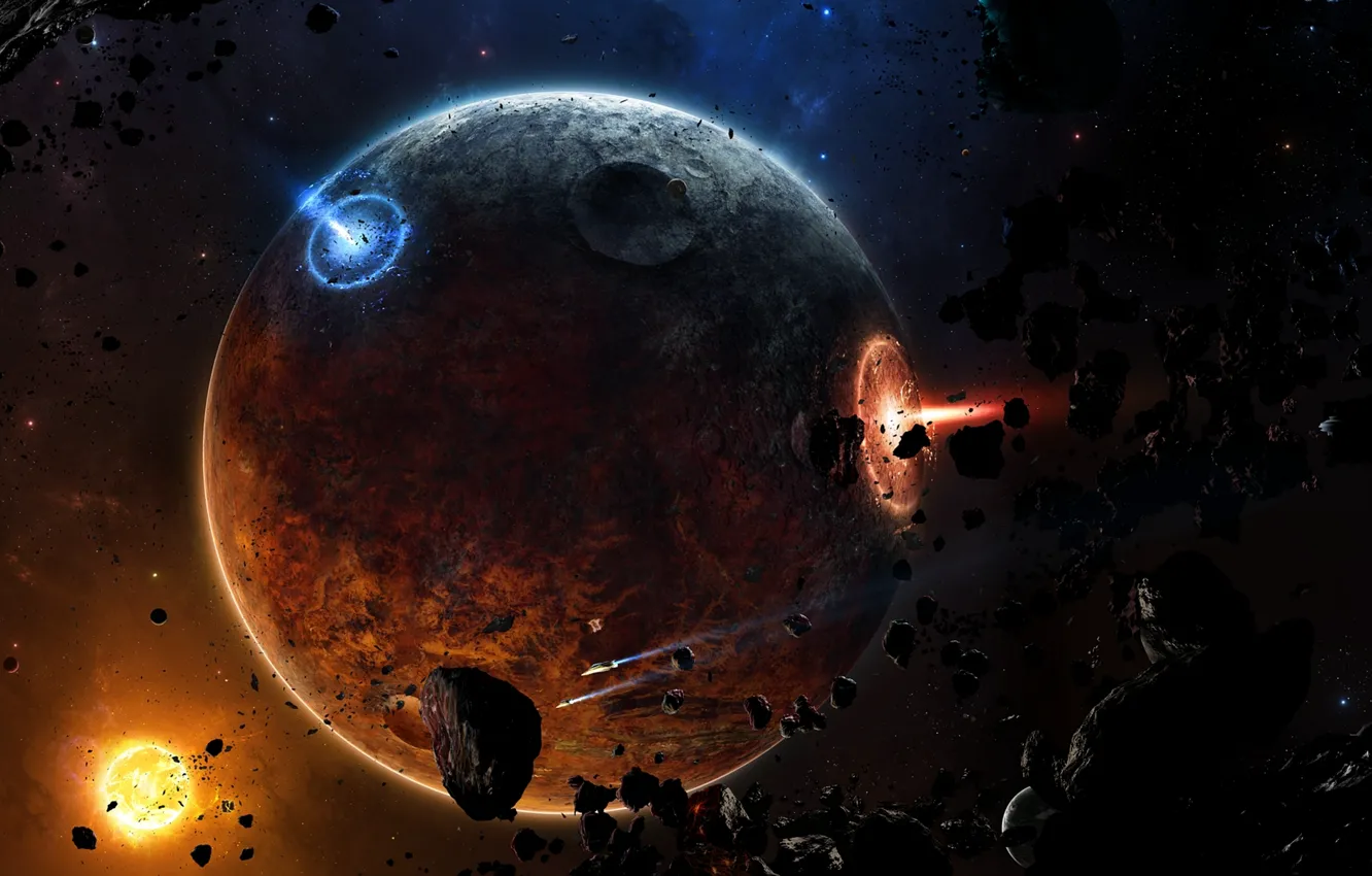 Photo wallpaper fire, planet, spaceships, sci fi, meteorites, astroides