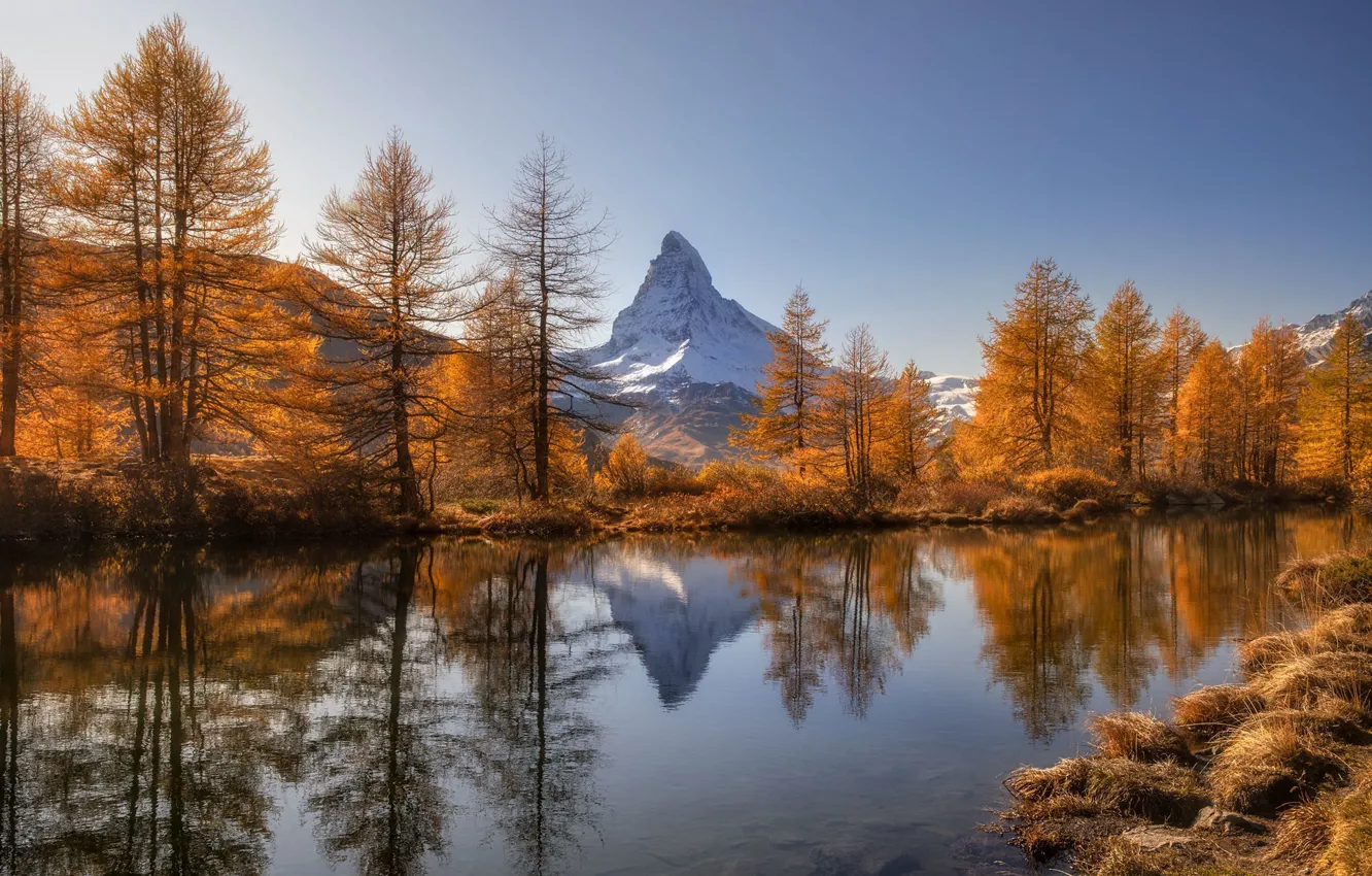 Photo wallpaper Switzerland, autumn, mountains, lake, Matterhorn