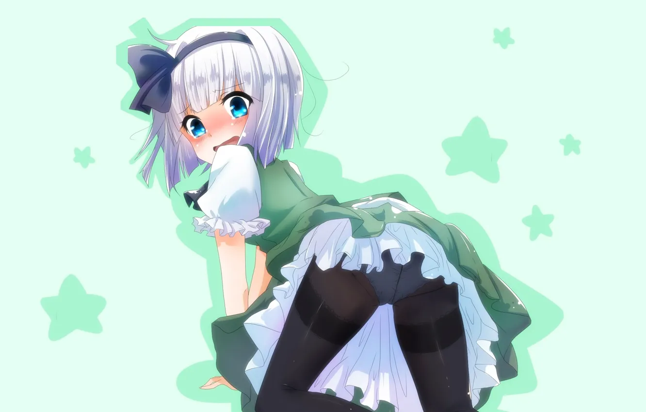 Photo wallpaper shame, blue eyes, stars, embarrassment, Konpaku Youmu, black tights, standing on all fours, Touhou Project