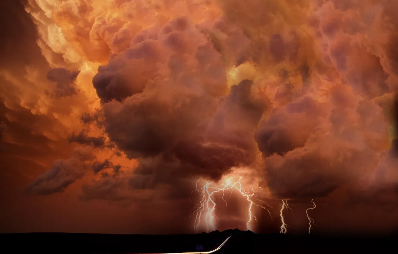 Photo wallpaper Road, Lightning, Clouds