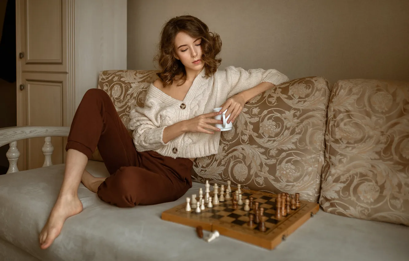Photo wallpaper girl, pose, mood, chess, jacket, pants, Albert Forest, Victoria Makarenko
