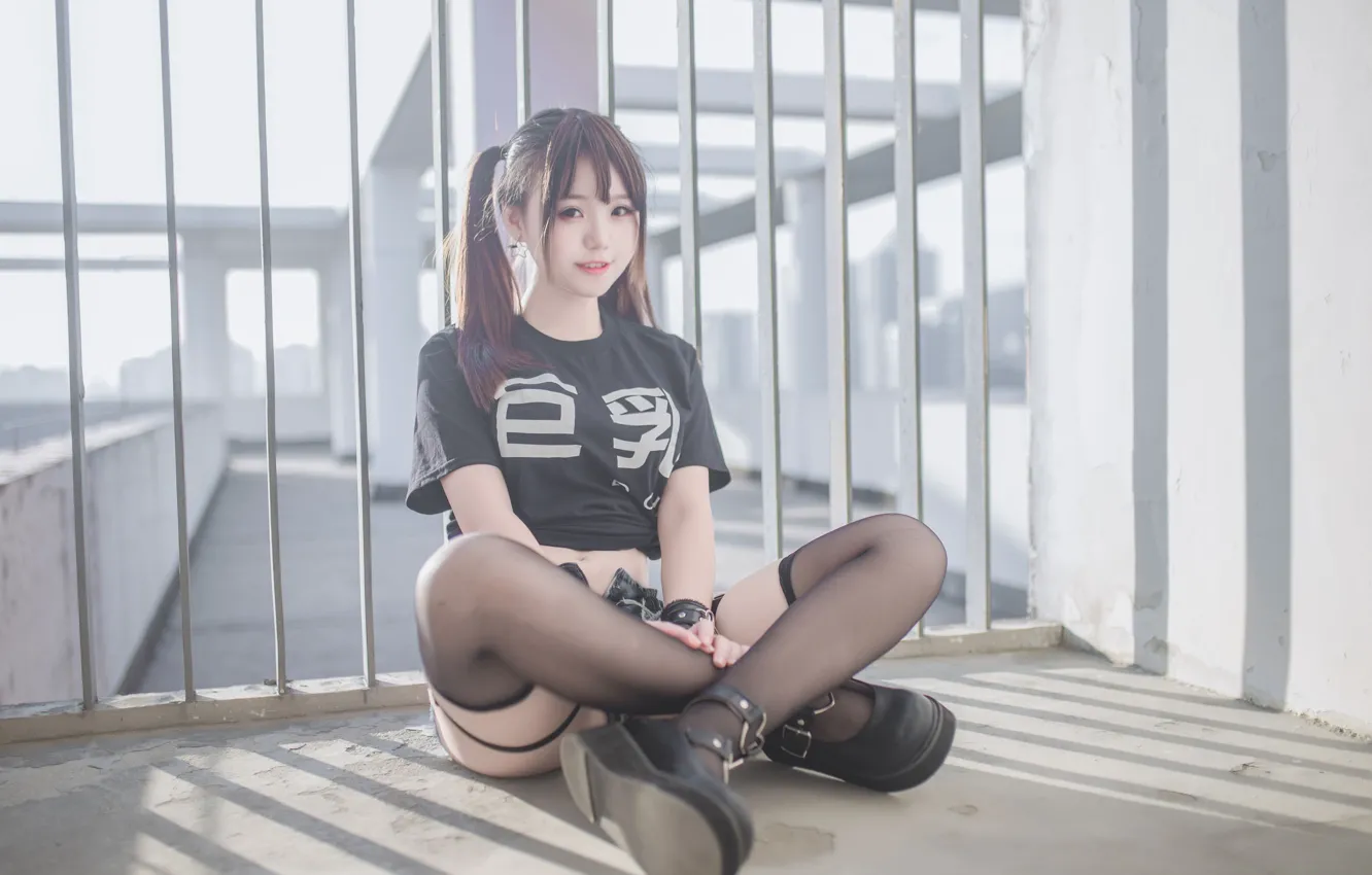 Photo wallpaper pose, Asian, asian, pose, black stockings, cute girl, cute girl, Black Stockings