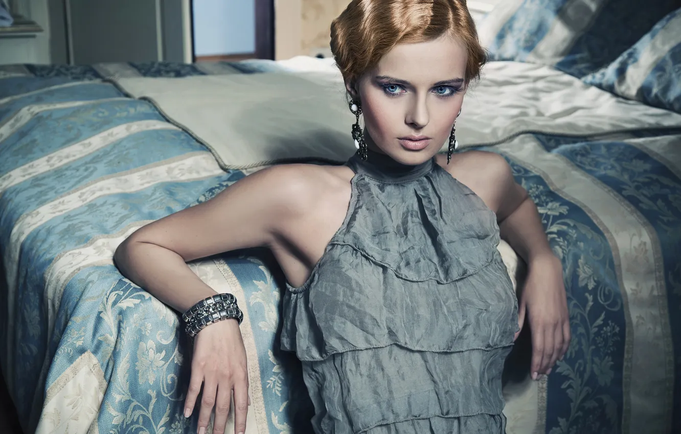 Photo wallpaper look, girl, reverie, earrings, dress, blanket, blonde, bed