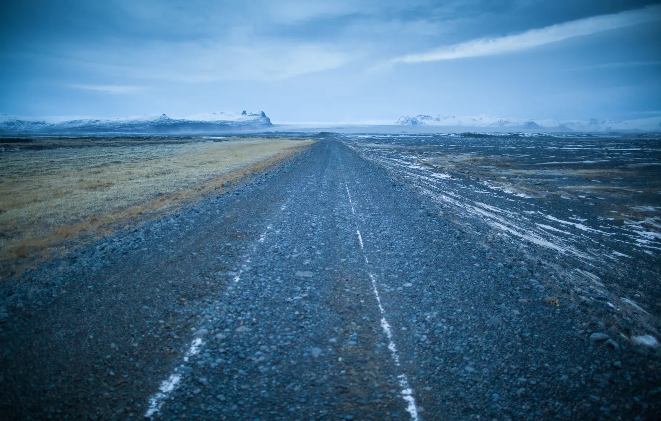 Photo wallpaper winter, road, clouds, fog, hills, horizon