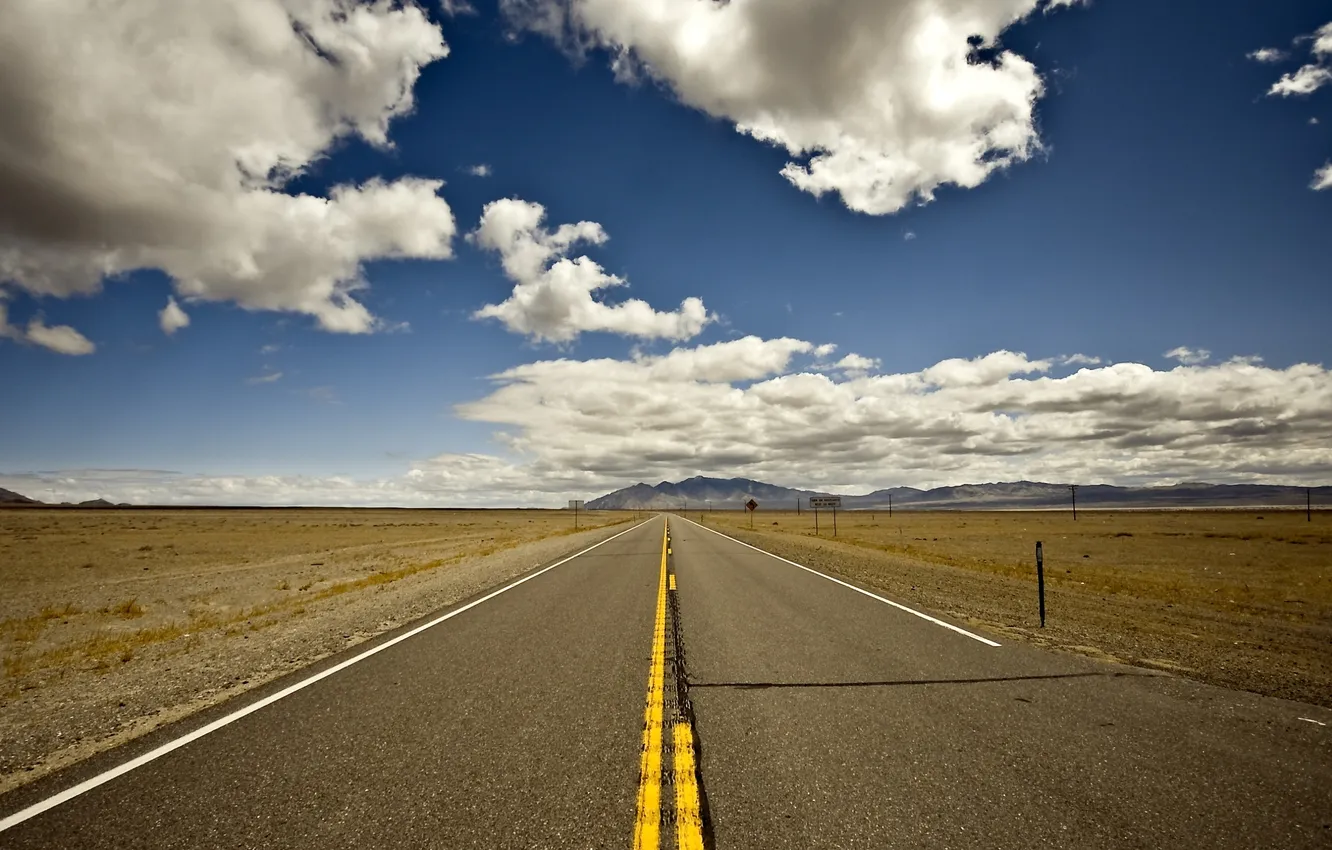 Photo wallpaper road, the sky, clouds, background, hills, Wallpaper, track, horizon