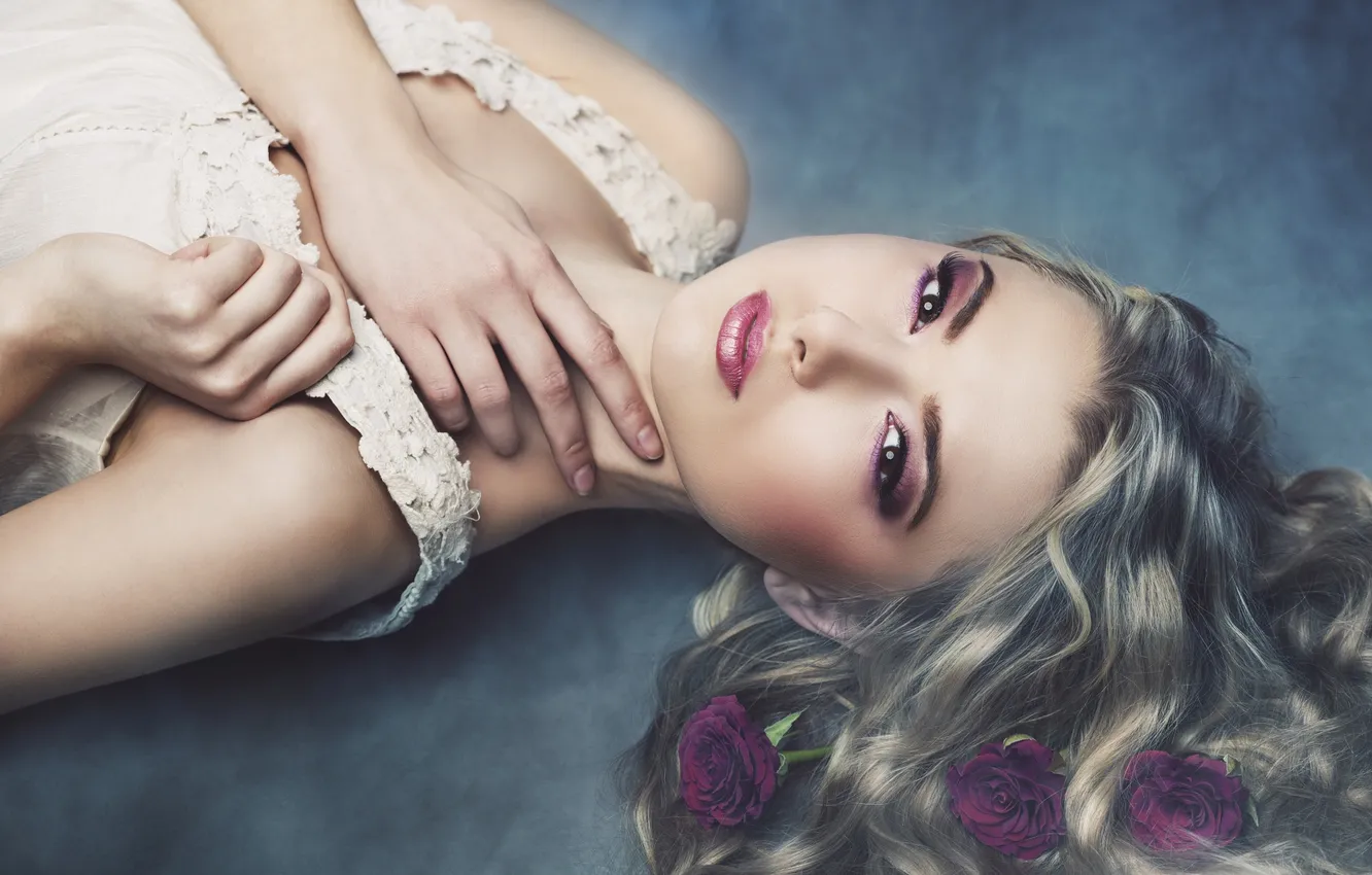 Photo wallpaper look, girl, flowers, beautiful, photographer, curls, lying, Julia Sariy