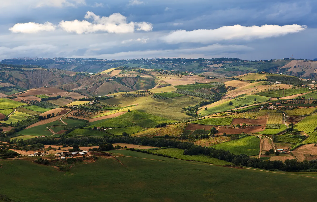 Photo wallpaper road, greens, field, the sky, grass, clouds, trees, landscape