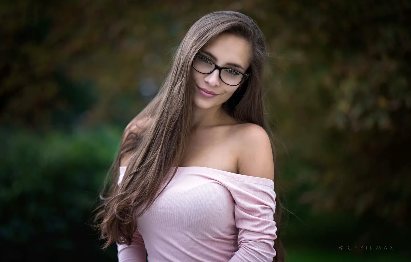 Photo wallpaper look, smile, background, model, portrait, makeup, glasses, hairstyle