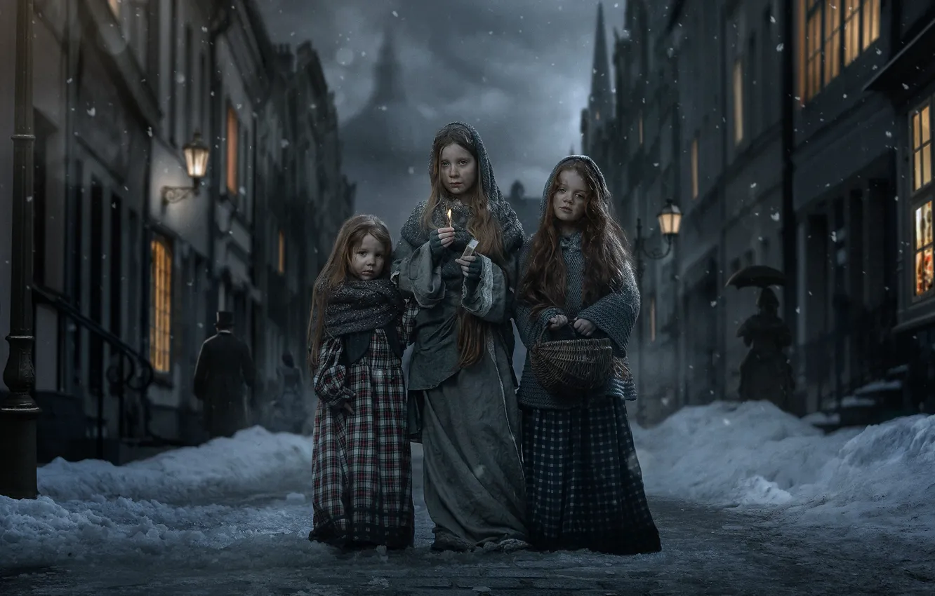 Photo wallpaper winter, snow, children, the city, street, girls, the situation, Trinity