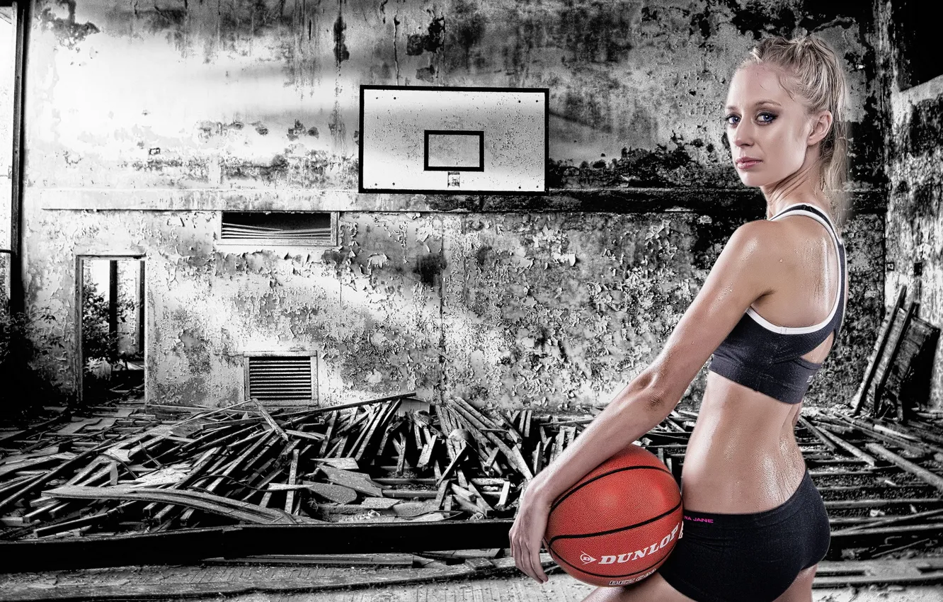 Photo wallpaper girl, hall, basketball, ball, training