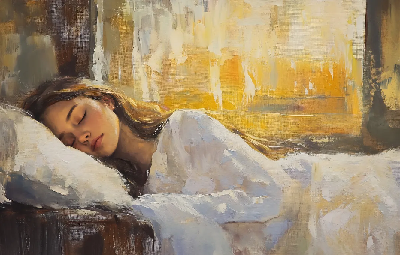 Photo wallpaper girl, pillow, sleeping, digital art, imitation painting, AI art, The Art of Artificial Intelligence, neural …