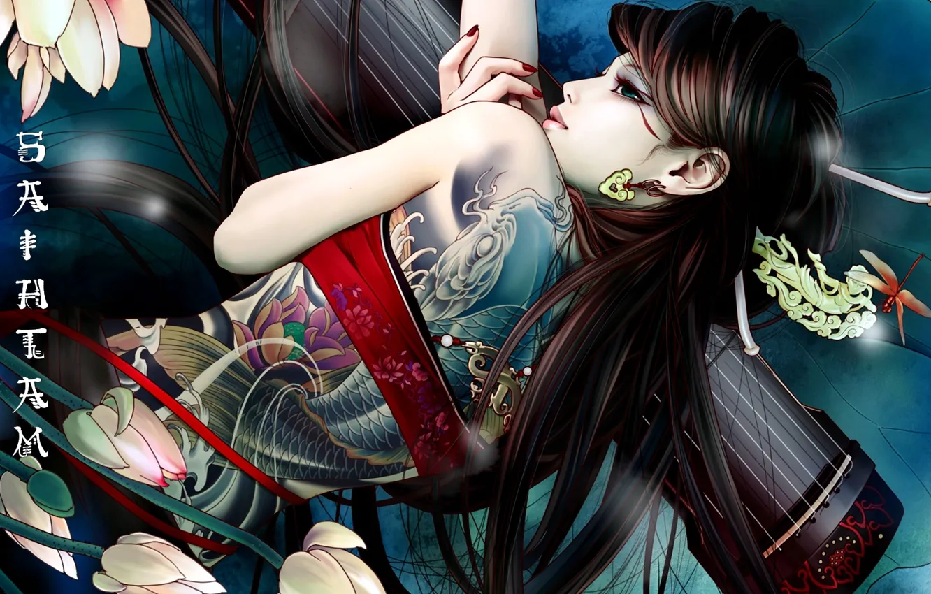 Photo wallpaper Flowers, Girl, Asian, Tattoo, Characters