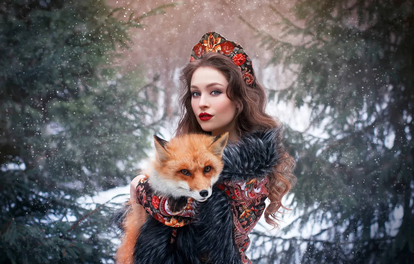 Photo wallpaper winter, forest, look, girl, snow, branches, nature, face