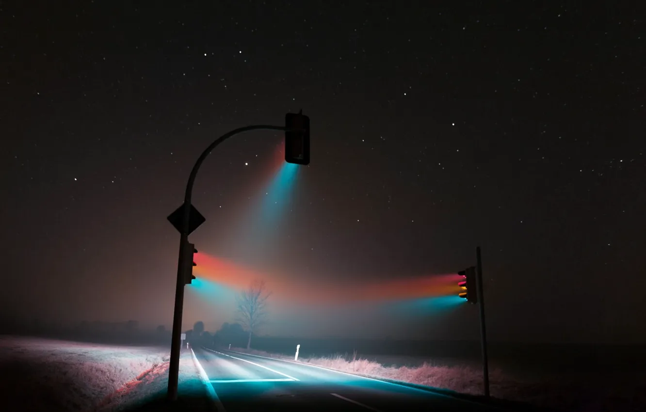 Photo wallpaper road, light, night, fog, track, night, fog, traffic lights