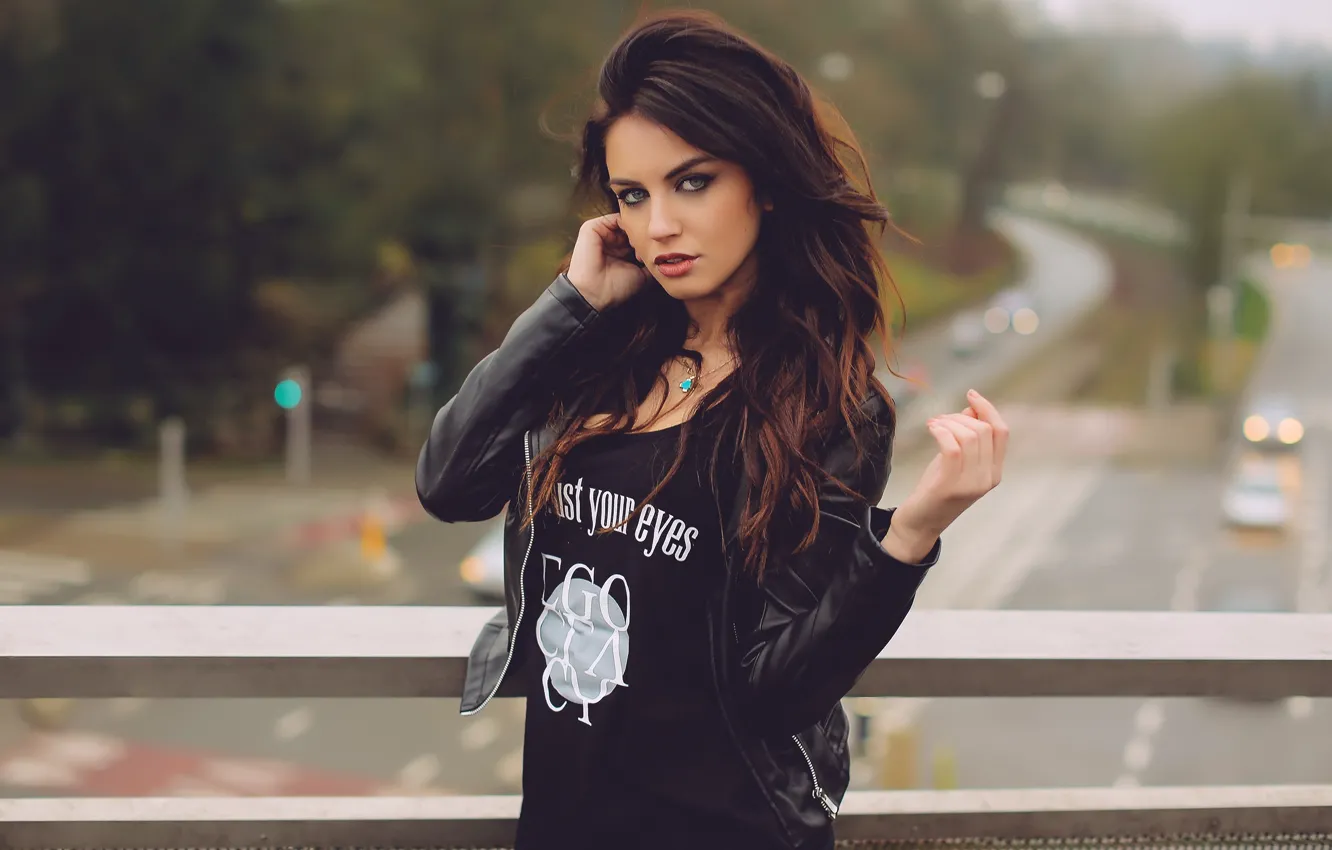 Photo wallpaper eyes, girl, city, the city, blue, black, brunette, jacket