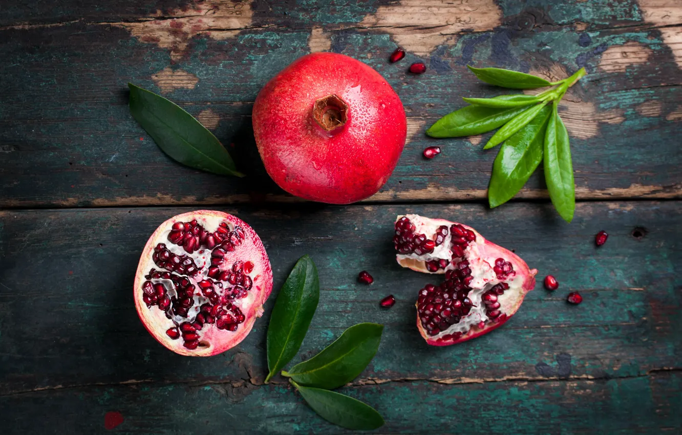 Photo wallpaper leaves, grain, wood, fruit, garnet, pomegranate