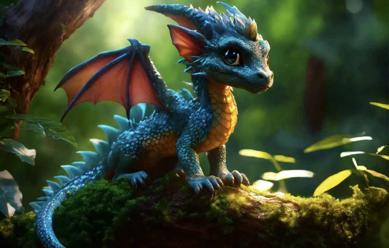 Photo wallpaper trees, blue, blue, dragon, moss, log, cub, face