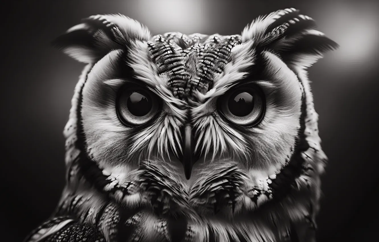 Photo wallpaper look, owl, bird, portrait, monochrome, black and white photo, owl, AI art