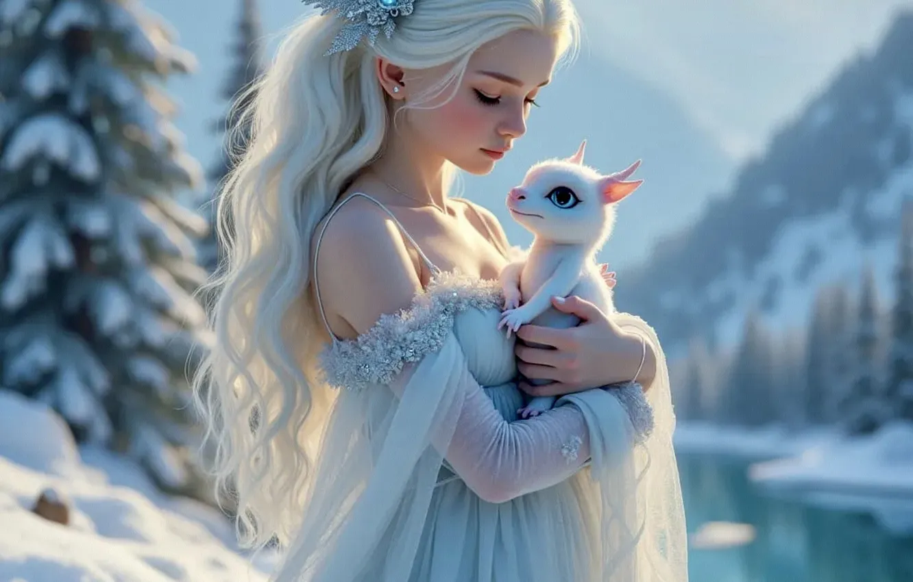 Photo wallpaper winter, forest, white, girl, light, snow, mountains, lake