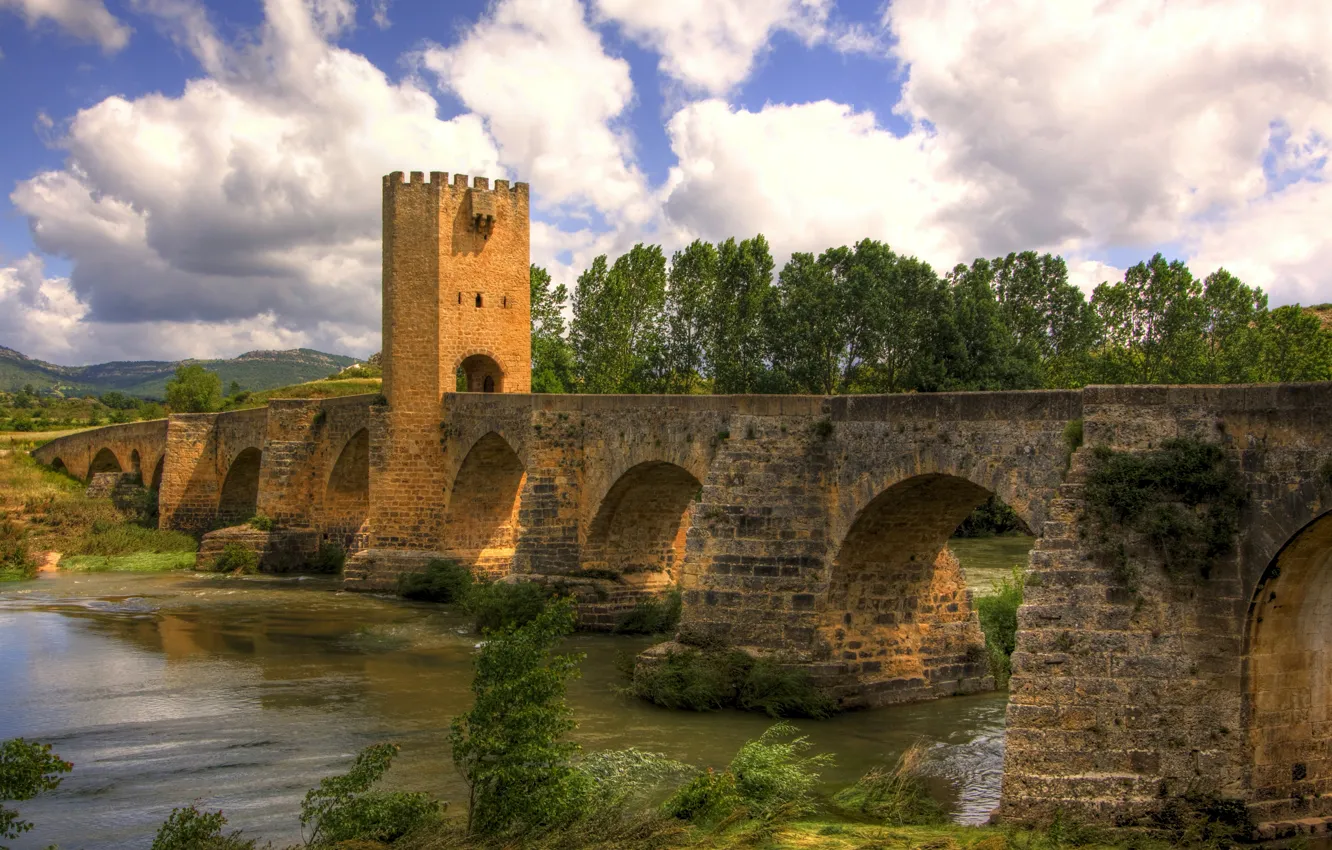 Photo wallpaper the sky, clouds, trees, landscape, bridge, river, blue, Spain