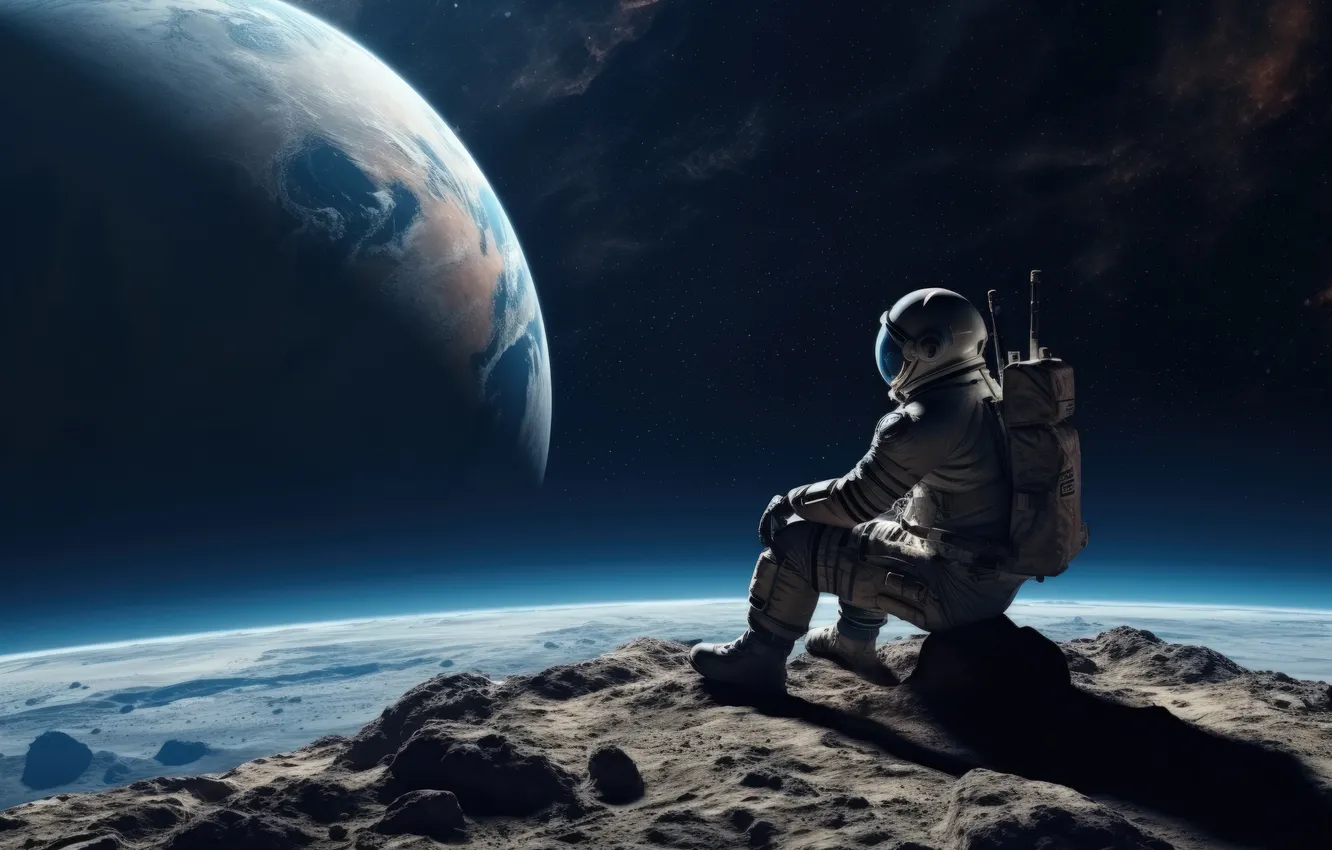 Photo wallpaper space, planet, astronaut, sitting, digital art, AI art, The Art of Artificial Intelligence, neural network