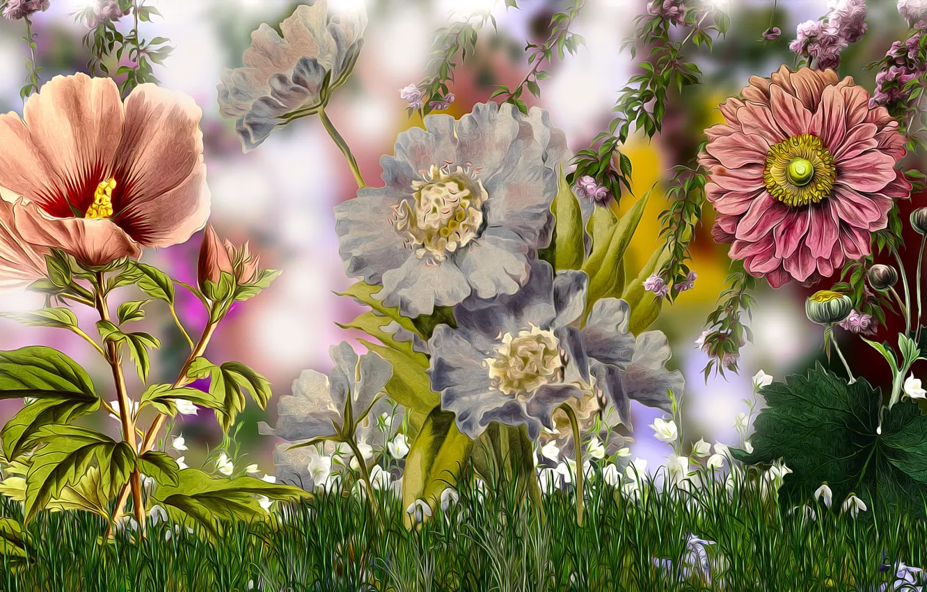 Photo wallpaper Graphics, Flowers, Grass