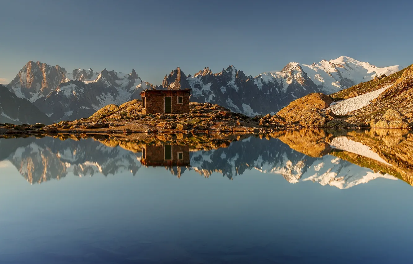 Photo wallpaper mountains, lake, reflection, France, Alps, hut, France, Alps