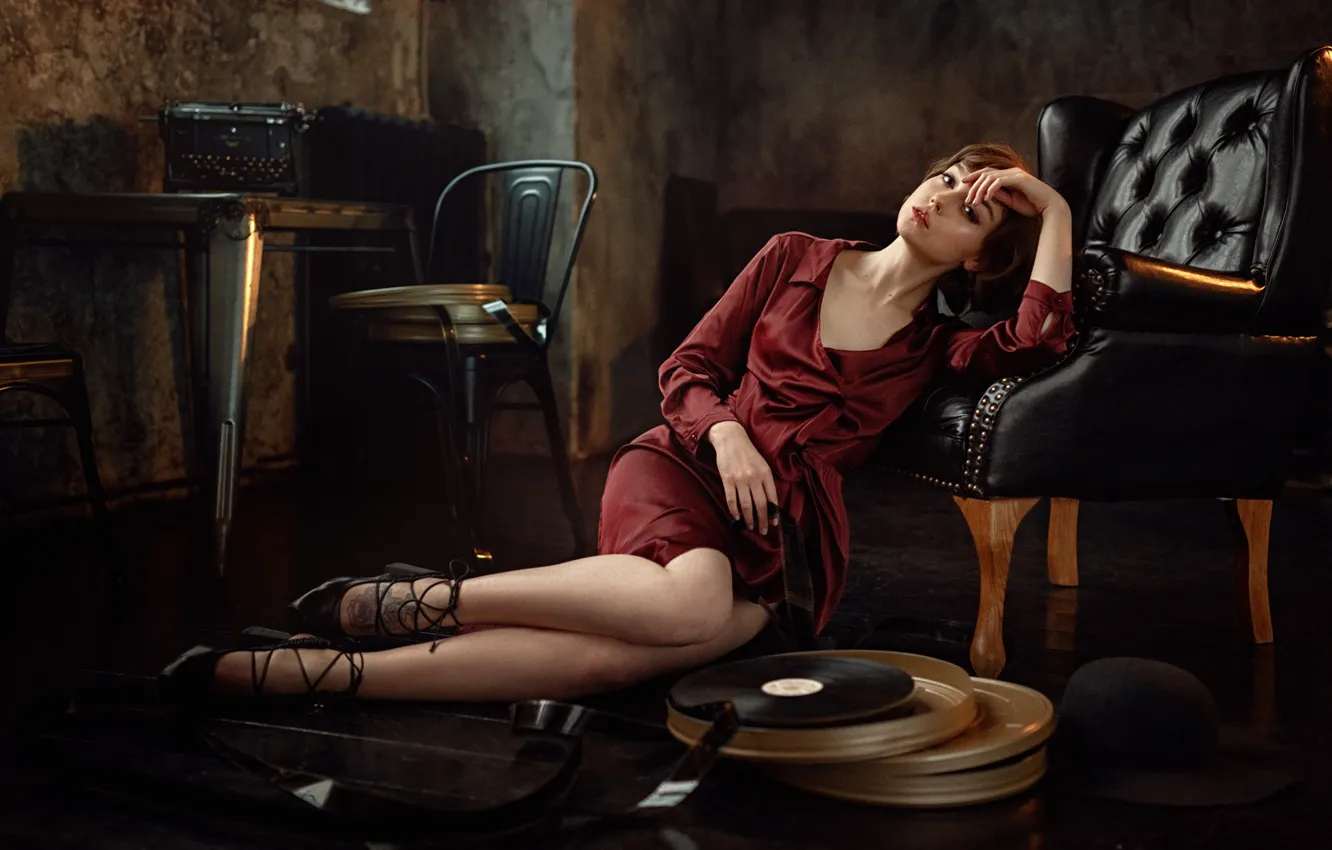 Photo wallpaper girl, dress, vinyl, record, beauty, George Chernyadev, Olga Pushkina, Georgy Chernyadyev