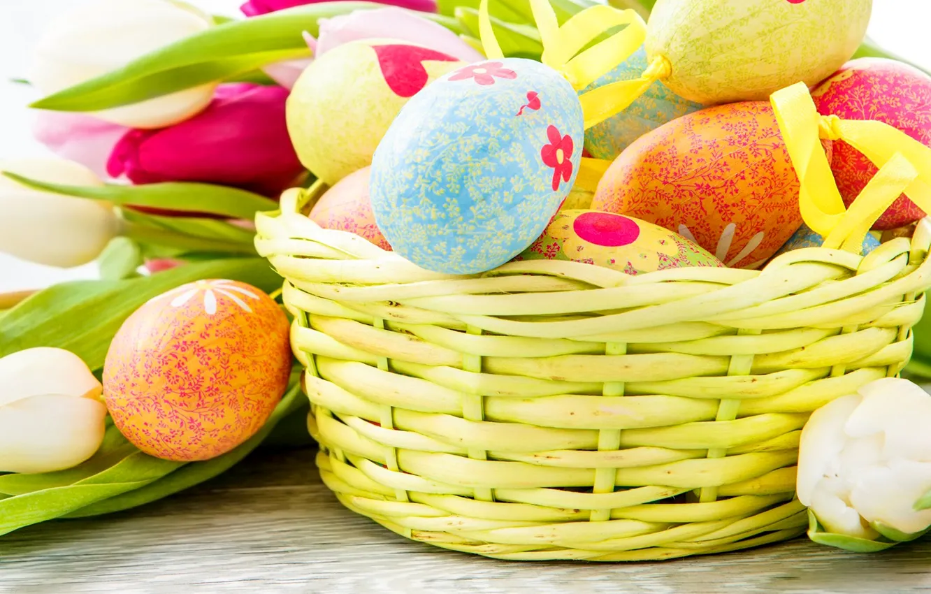 Photo wallpaper flowers, Tulip, eggs, Easter, basket