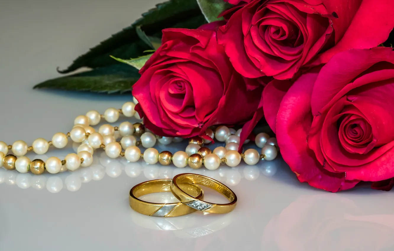 Photo wallpaper flowers, holiday, roses, ring, beads, wedding