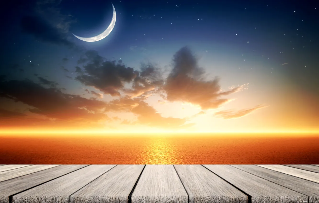Photo wallpaper sea, the sky, the moon, calm, a remake