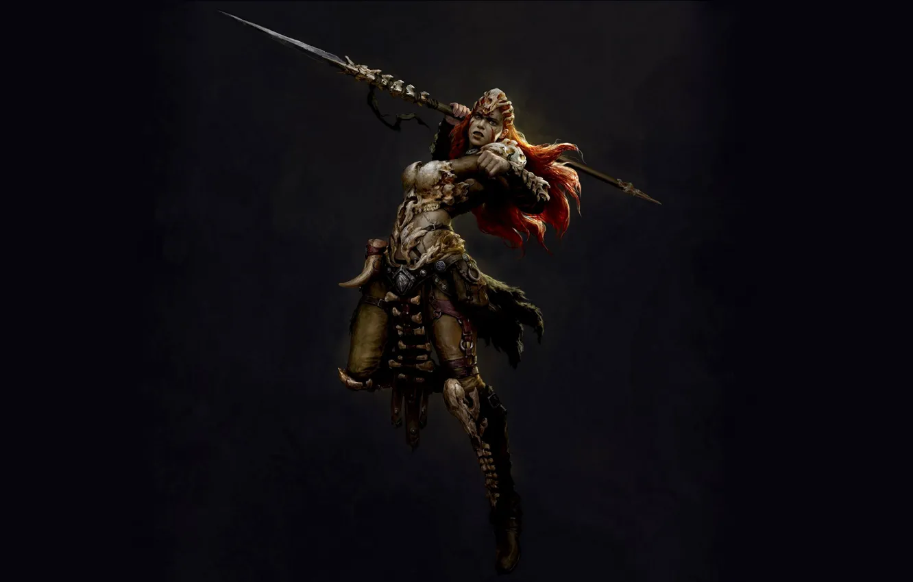 Photo wallpaper jump, spear, the dark background, spear, Russell Dongjun Lu, Russell Duncton Lou, Barbarian huntress, Bone …