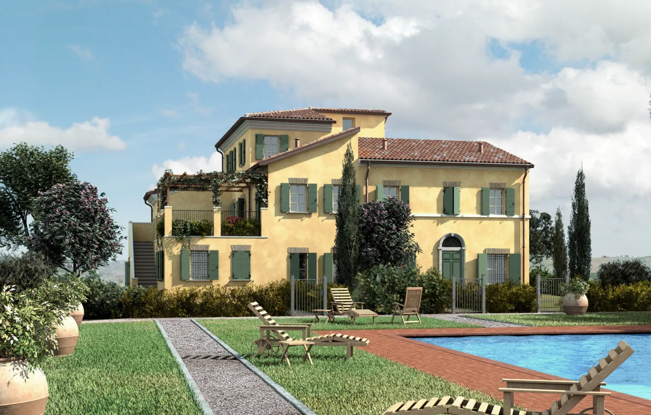 Photo wallpaper flowers, design, style, Villa, pool, garden, terrace, mediterranean architecture