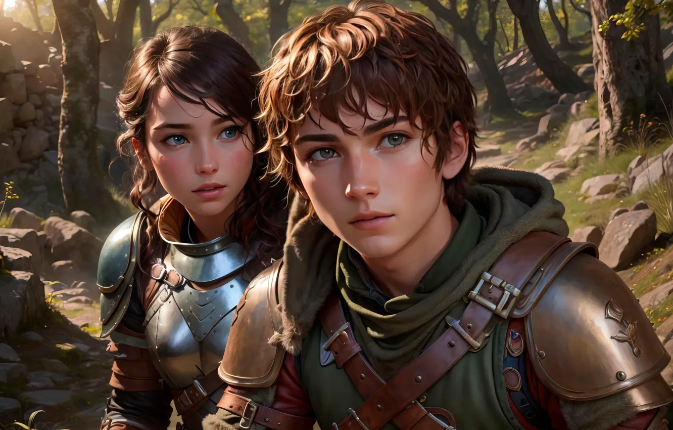 Photo wallpaper forest, armor, two, digital art, young, digital art, the guy with the girl, artificial intelligence