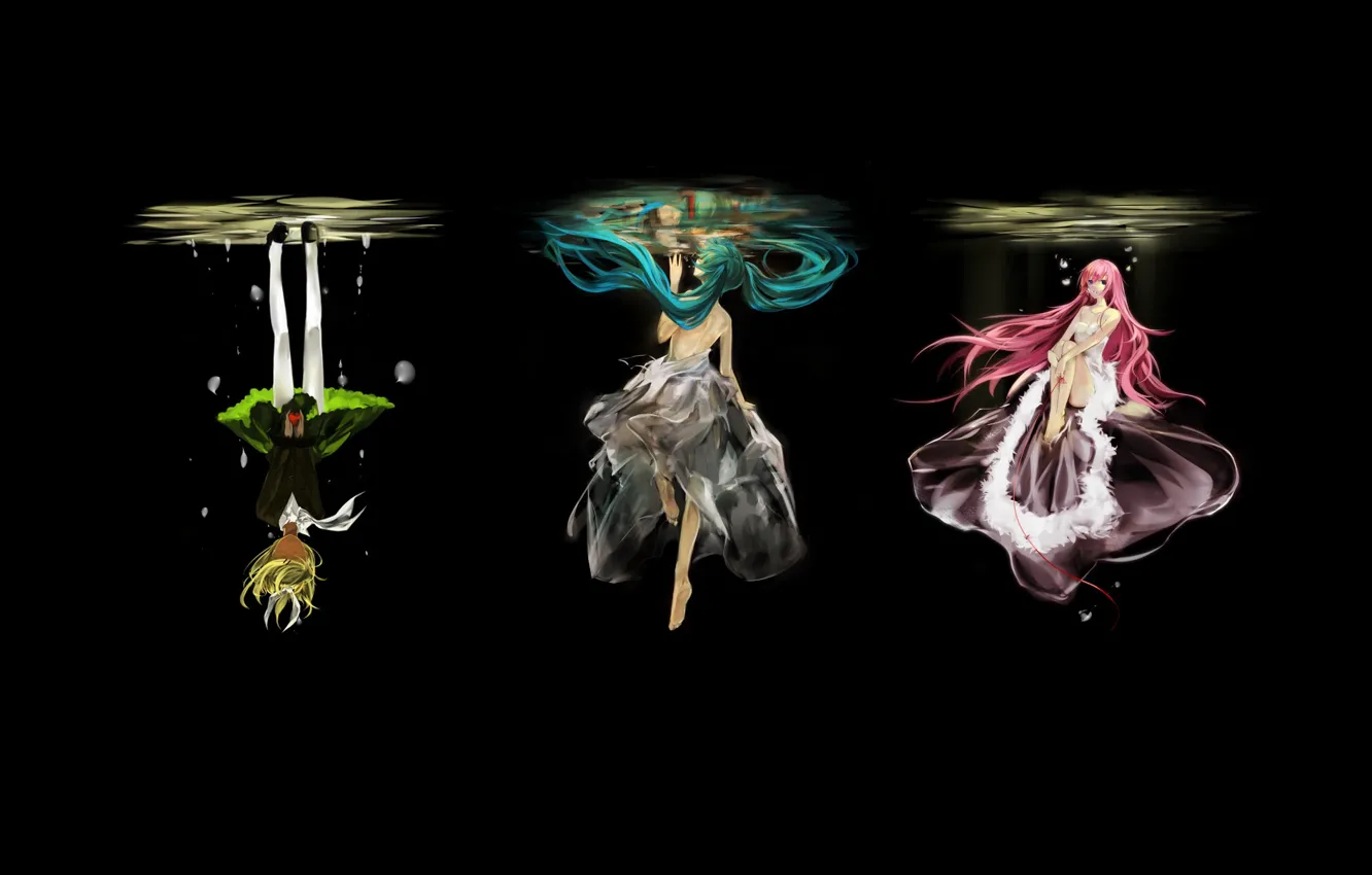 Photo wallpaper water, girls, black background, vocaloid, hatsune miku, megurine luka, kagamine rin