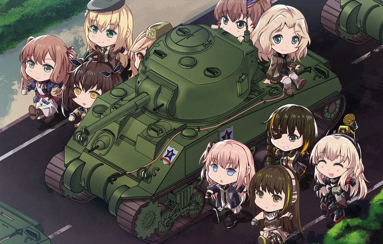 Photo wallpaper Girls, Military, Anime, Tank, Anime, Tank, Military, Sherman