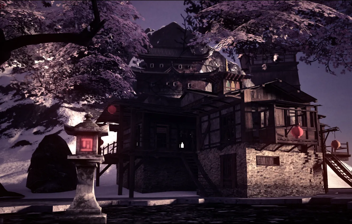 Photo wallpaper mountains, anime, Japan, Sakura, render