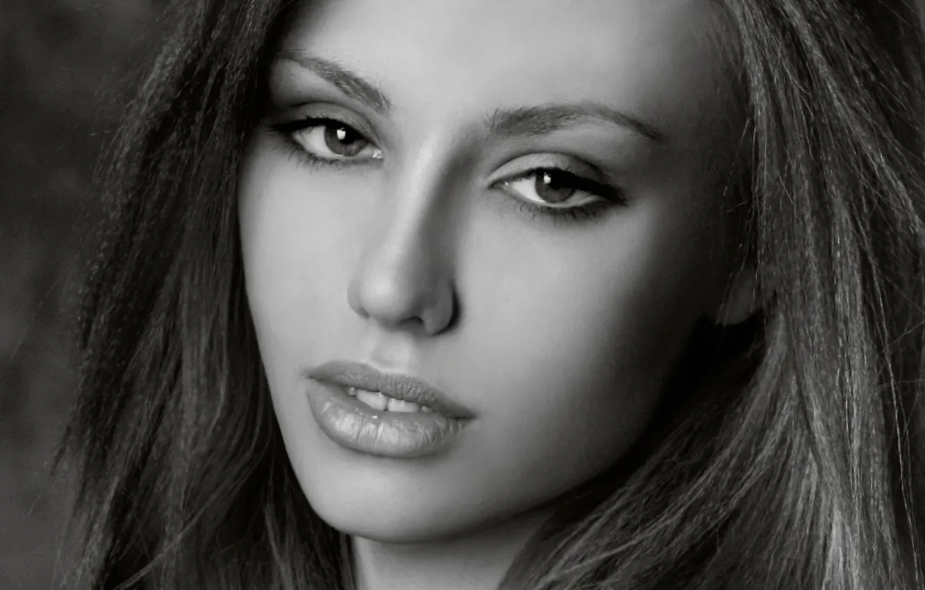 Photo wallpaper eyes, look, girl, background, hair, lips, black and white