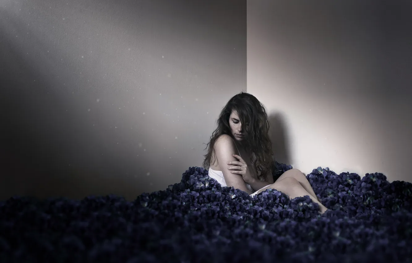 Photo wallpaper girl, flowers, loneliness, room