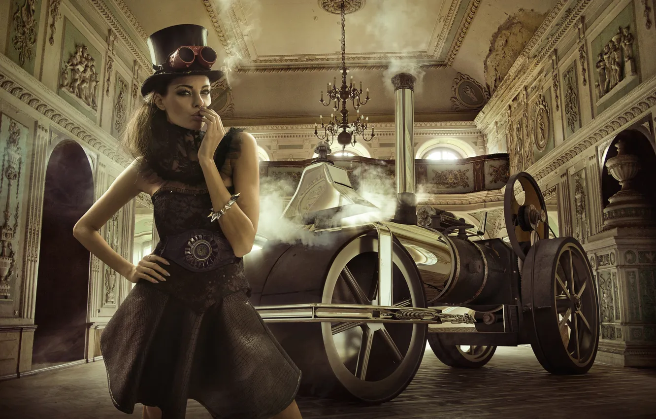 Photo wallpaper look, girl, retro, hat, car, fashion, cylinder