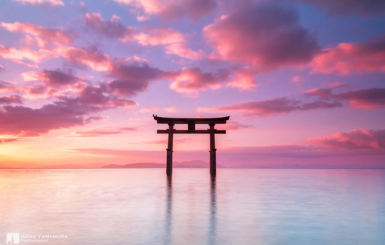 Photo wallpaper clouds, sunset, the ocean, Japan, photographer, torii, Kenji Yamamura