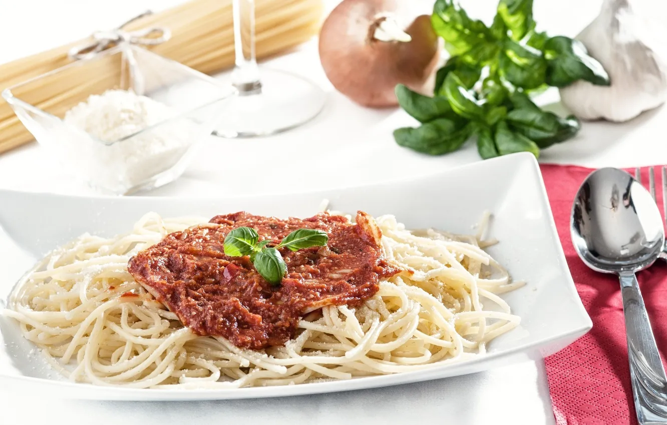 Photo wallpaper greens, food, cheese, bow, plate, spoon, plug, spaghetti