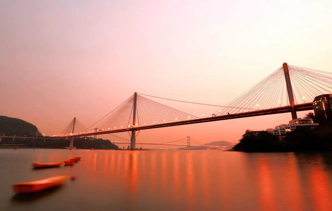 Photo wallpaper the sky, sunset, bridge, glare, river, bright, Hong Kong, the evening