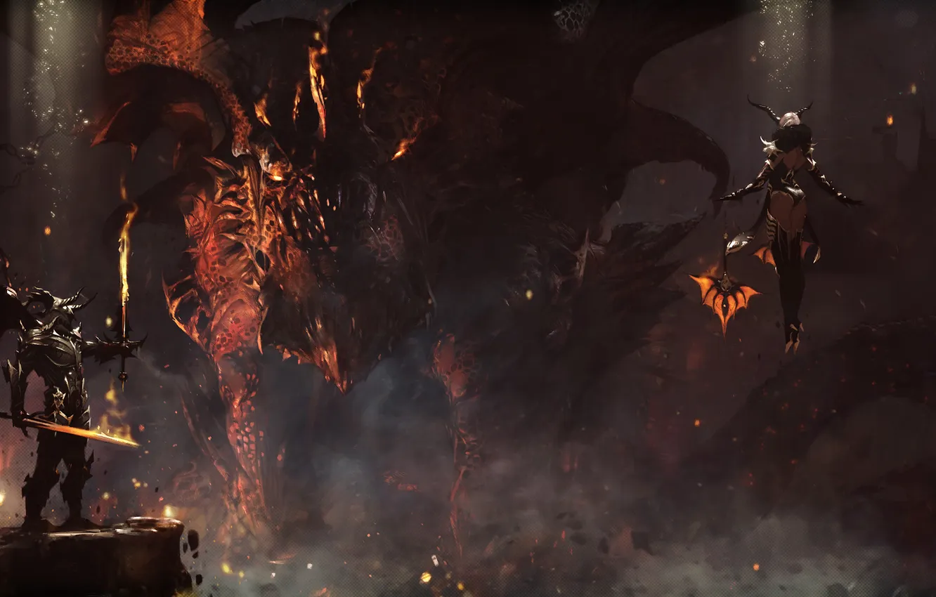 Photo wallpaper lights, dragon, sword, the demon, warrior, dungeon